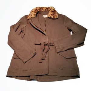 LOFT Longer Hunter Green Utility Jacket w Faux Fur Colar Size XS Bust 38 Inches